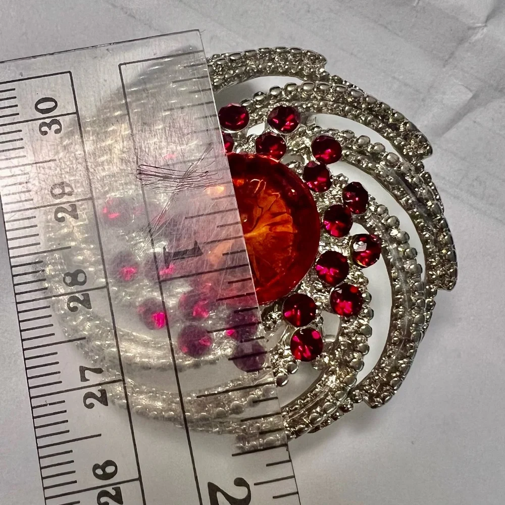 Vintage Large Rhinestone Brooch Pin Red Orange Silver Tone‎ 1.75” - Beautiful